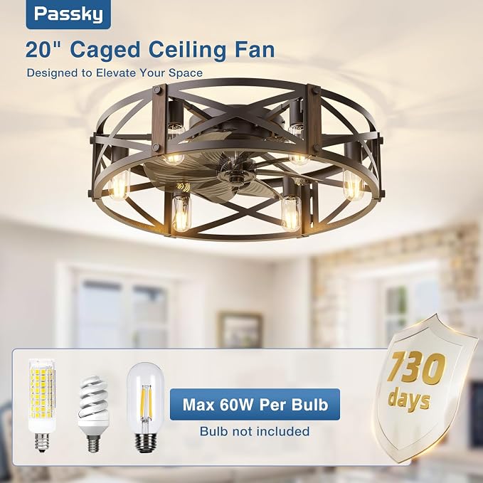 Passky 24" Caged Ceiling Fans with Lights and Remote, Low Profile Fandelier | Reversible DC Motor, 1/2/4/8H Timer, 6 Speeds, Farmhouse, Quiet Operation, 6 E26 Sockets, For Bedroom, Kitchen, Dining Room