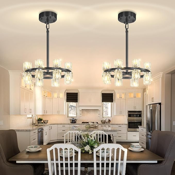 D16 Small Wagon Wheel Chandeliers 16-Lights Black Round Chandelier Pendant Light for Kitchen Island Crystal Chandeliers for Dining Room,Living Room