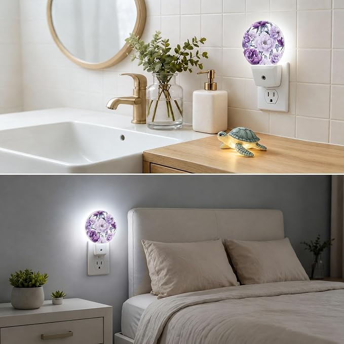 Decorative Night Lights Purple Flower Plug-in Nightlight Auto Light Sensors | Floral Romance Chic Night Lights Plug into Wall LED Lamp Dusk-to-Dawn Auto Sensor Energy Saving