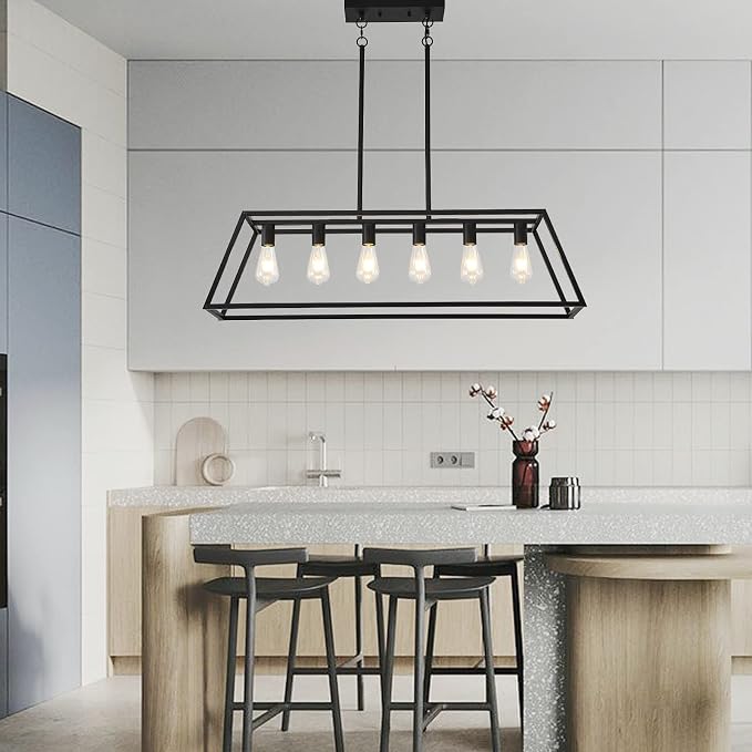 Farmhouse Rectangle Chandeliers for Dining Rooms, Modern Linear Hanging Light Fixture Matte Black 6-Light Industrial Pendant Lighting for Kitchen Island
