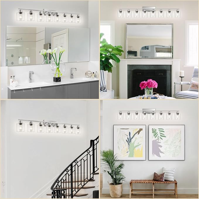 Modern Brushed Nickel 8 Light Bathroom Light Fixtures,52 inch Vanity Lights for Bathroom with Clear Glass, Bathroom Light Fixture for Mirror Kitchen Living Room Hallway Cabinet Porch