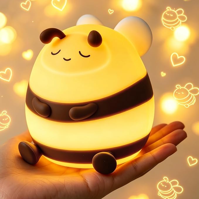 YISUN Bee Silicone LED Night Light, 3 Level Dimmable Kids Room Nursery Lamp | Soft Squishy, Rechargeable Bedside Touch Light, Novelty Animal Lamp for Boys Girls Toddlers