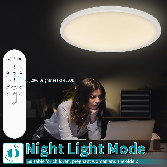 24'' Large Flush Mount Ceiling Light Fixture Dimmable with Remote Control | 56W 5600Lm, Ultra Thin, Modern, Round, White Led Ceiling Lamp for Kitchen Dining Room Bedroom Living Room Home Office