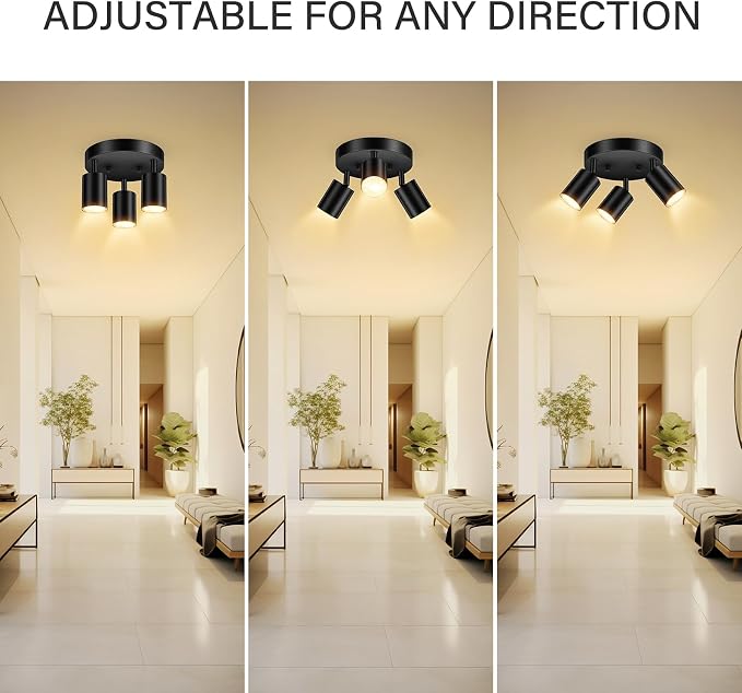 AUQUEE LED 3 Light Track Lighting Kit, LED Track Lighting Fixtures, Black Round Ceiling Spot Lighting, Flexibly Rotatable Light Head for Kitchen, Living Room, Bedroom, GU10 Bulb Not Included