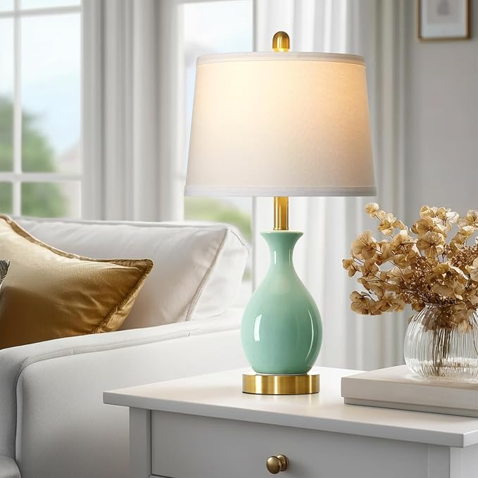 24″ Sage Green Ceramic Table Lamps Set of 2, Modern Classic Bedside Lamps for Bedroom Nightstand, Small Table Lamp for Living Room Side Table (2 LED Bulbs Included)