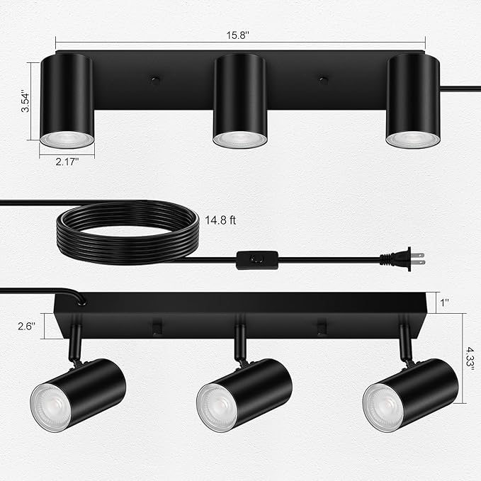 3 Light Track Lighting Kit,Black 3 Way Modern Plug in Ceiling Spotlight,Industrial LED Wall Light for Kitchen Cabinet Gallery Bar Hallway Living Room,Rocker Switch,15 Foot Cord(No Bulb)
