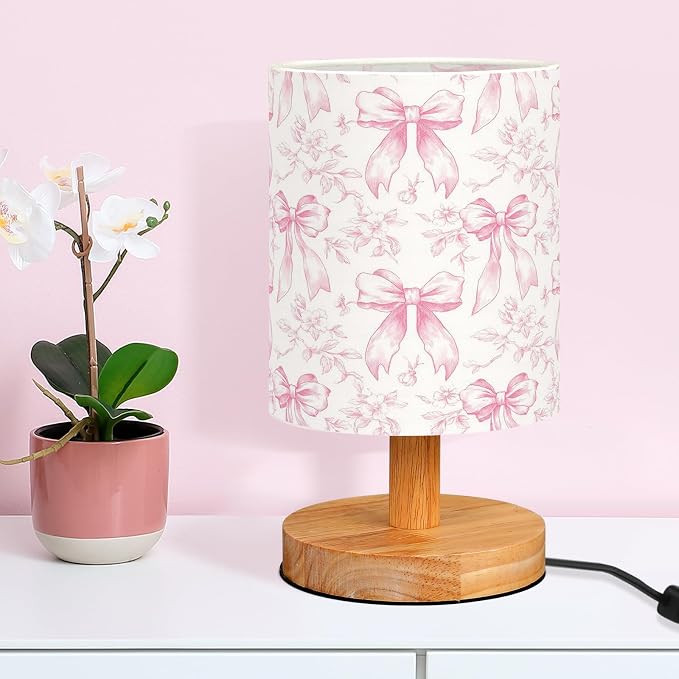 Flora Bow Kids Table Lamp for Bedroom Kids Bedside Lamp with Linen Wooden Nightstand Cartoon Nursery Lampshade for Girls Boys Living Room