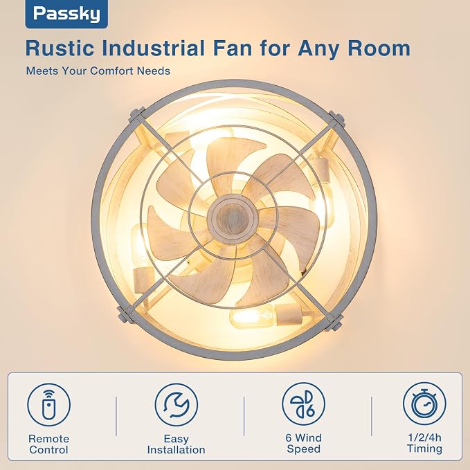Passky 20" Caged Ceiling Fans with Lights and Remote, Low Profile Fandelier | Reversible DC Motor, 1/2/4H Timer, 6 Speeds, Farmhouse Style, Quiet Operation, for Bedroom, Kitchen, Dining Room, Living Room