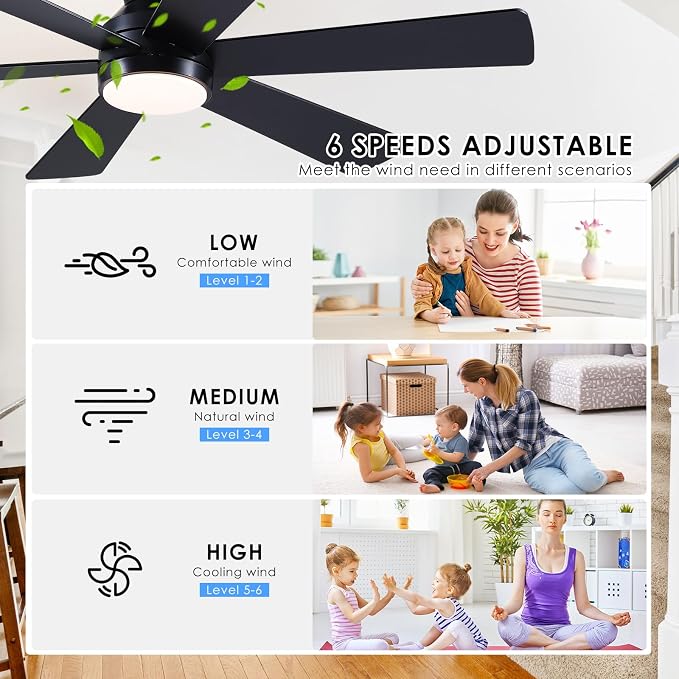 Asyko 46"Black 6-Blade Modern Low Profile Ceiling Fan with Light and Remote | 6 Double-Sided Blades,6 Wind Speeds, Reversible,Dimmable 3 CCT LED Light, 25W Quiet DC Motor,1/2H Timer,for Bedroom Kitchen