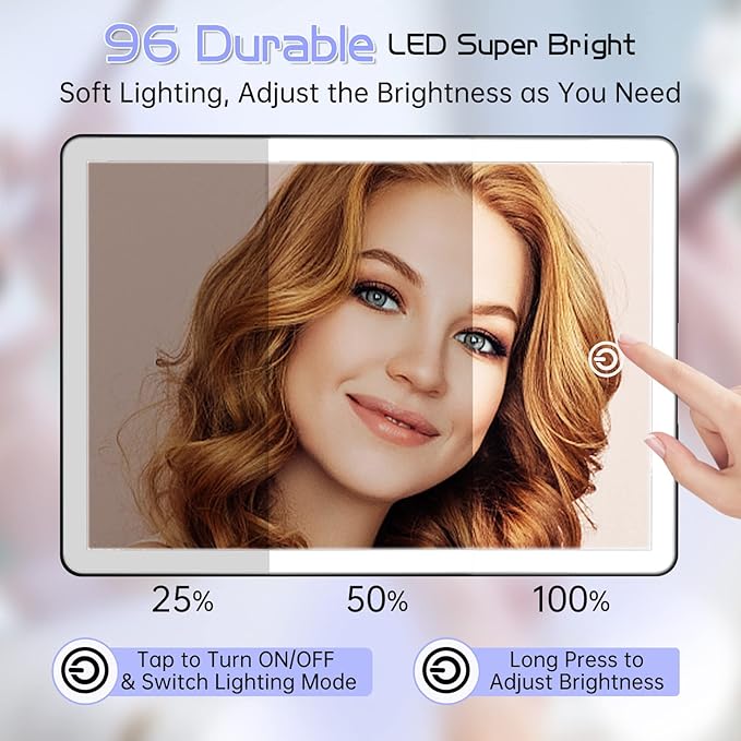 FUNTOUCH Rechargeable Makeup Vanity Mirror with Lights, Large Lighted Desk Makeup Mirror with 96 LED Lights and 10x Magnifying, 3 Color Lighting, Make up Light Mirror with Phone Holder,Black