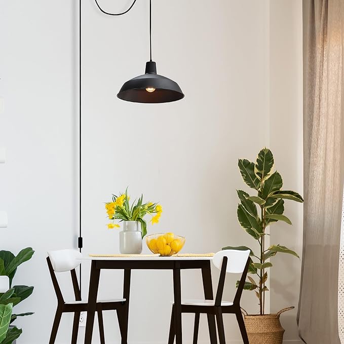 Globe Electric 65151 1-Light Plug-in Pendant Lighting, Matte Black, 15ft Cord, in-Line On/Off Switch, Adjustable Height, Hanging Ceiling Light for Apartments and Rental, Home Decor, Vintage