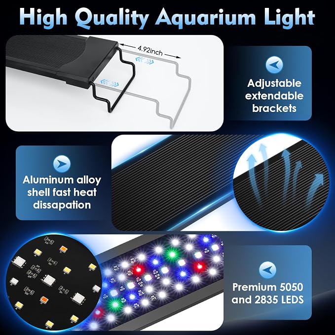 AQQA LED Aquarium Light, 24/7 Mode High Lumen Full Spectrum Fish Tank Light | DIY Mode, Adjustable Timer/Brightness, Extendable Bracket, Memory Function, IP68 Waterproof, Fits for 18–25 Inch Tanks