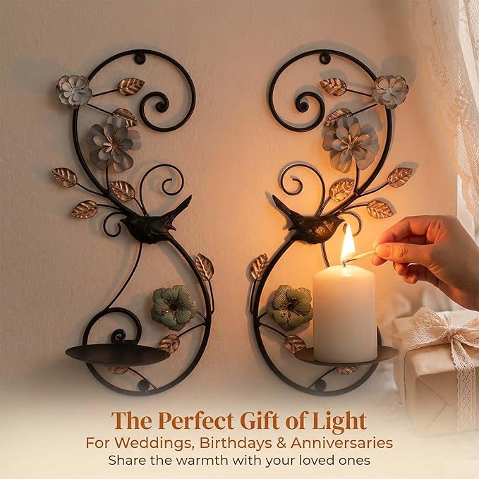 Farmhouse Wall Candle Sconces Set of 2 - Distressed Candle Holder Wall Mounted for Pillar - Vintage Metal Decor with Flower Leaves for Hallway Fireplace Bedroom Living Room