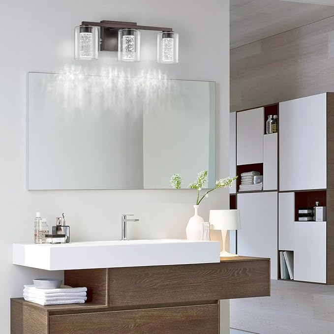 SineRise 3-Light Bronze Vanity Light with 3 Color Modes (3000K/4000K/6000K), Eye Protection LED Bathroom Light Fixture, Dimmable Modern Wall Light Over Mirror with Clear Glass Shade