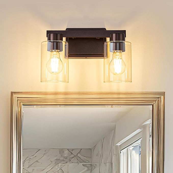 2-Light Bathroom Light Fixtures with Clear Glass, Oil Rubbed Bronze | Vanity Lights, Modern Wall Sconces, Over Mirror for Bathroom, Powder Room, Living Room