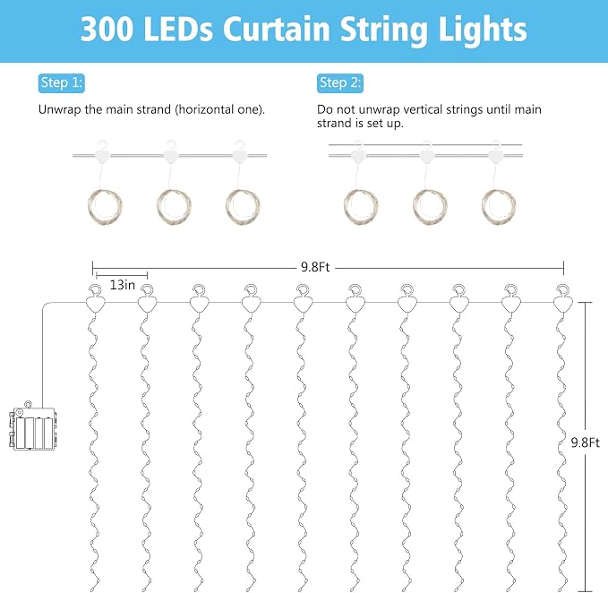 echosari Curtain Lights Battery Operated 9.8 x 9.8Ft with Timer Cool White | 300 LED Fairy Lights with Hooks for Bedroom Wedding Backdrop Indoor Christmas Decor