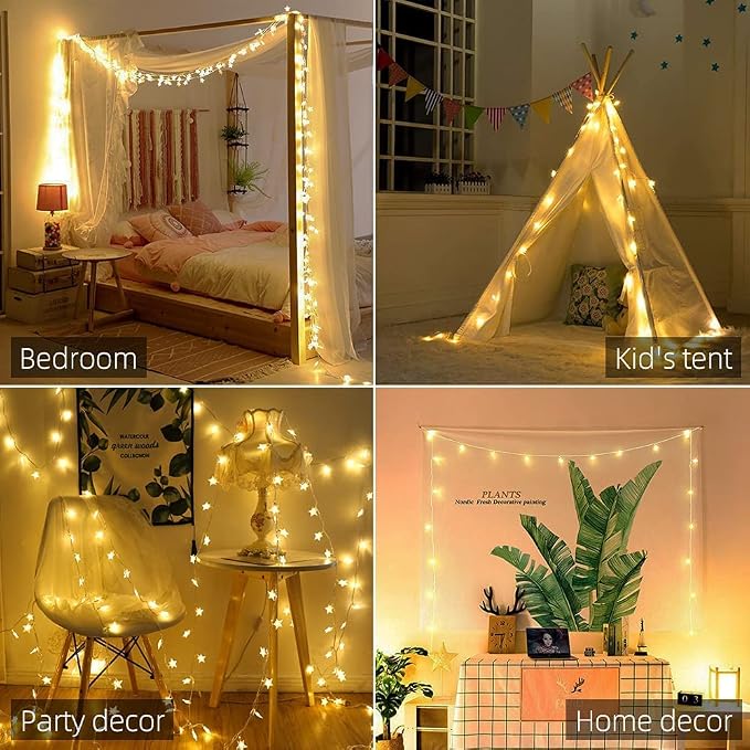 Star String Lights Plug in - 33 ft 100 LED Star Fairy String Lights with Remote and Timer, Waterproof for Bedroom Porch Wedding Party Patio Garden Tent Indoor Outdoor Décor, Warm White | 100 LED Star Bulbs, Connectable, Adjustable Brightness, Waterproo...