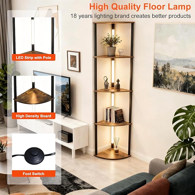 Lightdot Corner Floor Lamps with Shelves, 64Inch 5-Tier Storage Shelf Lamp with Integrated LED Posts/Amber Shelf/Black Frame, Black Display Floor Lamp for Living Room Bedroom/Sofa Beside/Corner Decor