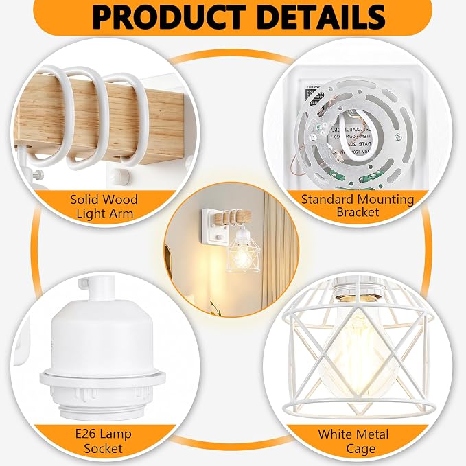 FadimiKoo Wall Sconces Set of Two, Farmhouse Hardwired White Wall Lamps with Wooden Arm & On/Off Dimmable Switch, Modern Bathroom Light Fixtures with Metal Shade for Living Room, Hallway, Bedroom