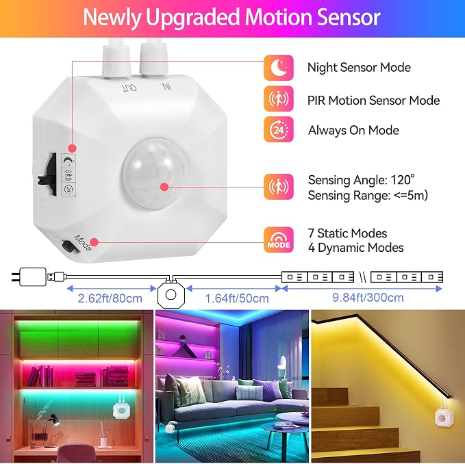 Under Bed Lights Motion Sensor RGB LED Strip Night Lighting, 2-Pack 9.8Ft | Motion Activated, RGB Color Changing LED Strips, Remote, App Control, Music Sync, USB Powered for Indoor Cabinet Stair Closet