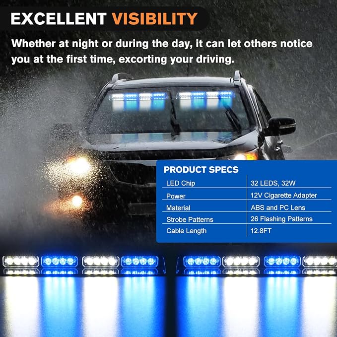 Nilight 32LED Blue White Emergency Dash Strobe Lights with Controller | Suction Cups Warning Hazard Interior Front/Rear Windshield Deck Split Light Bar for Trucks Construction Vehicles