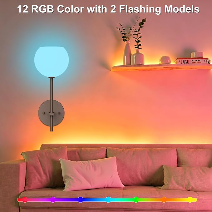 Brown Battery Operated Wall Sconces Set of 2, Rechargeable Wireless Wall Lights with Milky White Frosted Glass, 12 RGB and 3CCT Dimmable Wall Lamps with Remote for Bedroom Living Room Hallway