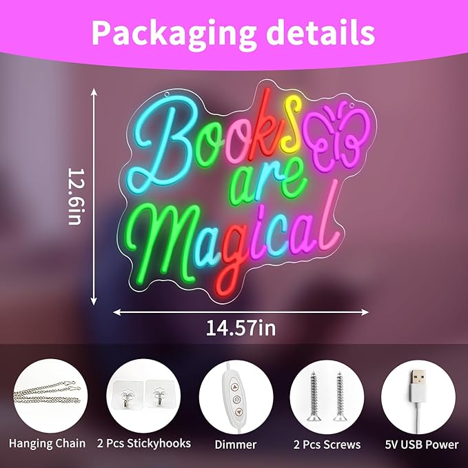 Books Are Magical Neon Sign, Neon Signs for Wall Decor, Dimmable Led Signs for Bedroom, Light Up Signs for Classroom Reading Room Book Party Library Decoration Decor 14.57 x 12.6 inch