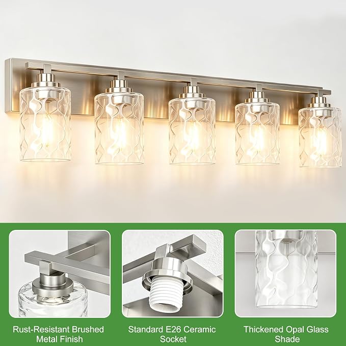 Modern Bathroom Lighting Fixtures Over Mirror, Vanity Lights for Bathroom, Wall Sconces with Clear Glass Shades, E26 Ceramic Socket, 5-Light 35.4-inch Brushed Nickel