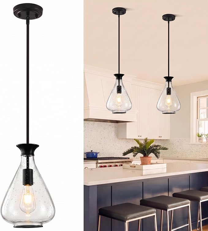 Modern Pendant Lights Kitchen Island, 1 Pack Matte Black Pendant Light Fixtures with 8.5" Clear Air Bubble Glass Shade,Industrial Hanging Pendant Lights Fixture for Kitchen Island Dining Room Entryway