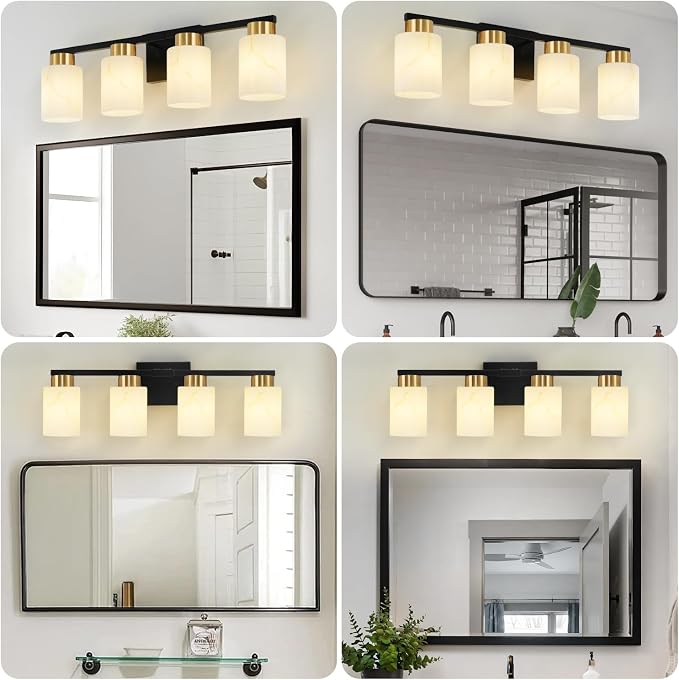4-Light Bathroom Light Fixtures, Modern Vanity Lights, Black and Gold Metal Wall Lamp with White Marble Glass for Bathroom, Mirror, Living Room, Bedroom, Cabinet, Porch, Hallway, E26 Base