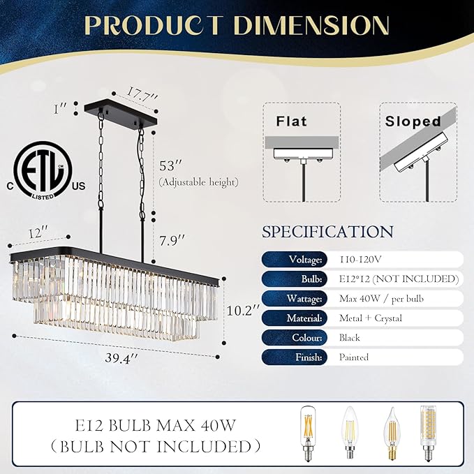 L40” Large Modern Rectangular Chandeliers 12 Lights Luxury K9 Crystal Ceiling Pendant Light Fixture Modern Black Long Chandelier for Kitchen Island Dining Room Living Room Bar