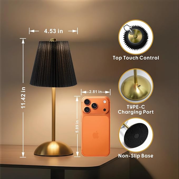 2-Pack Cordless Table Lamps Rechargeable, Battery Mini LED Lamps | Small Wireless Lamps for Tables, Restaurant Table Lamps Dimmable, Black Pleated Touch Lamp with USB for Bedside, Outdoor Use