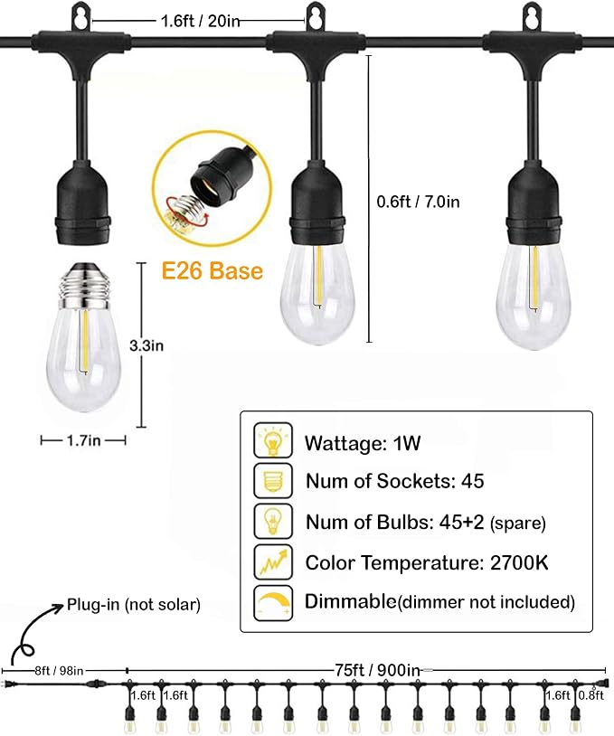 Gmnee 75FT Outdoor String Lights for Patio, Balcony & Porch – 47 LED Edison Bulbs (1.6FT Spacing), Dimmable Heavy-Duty Patio Lights for Backyard, Gazebo, Bistro, Party and Garden Decor (Plug in)