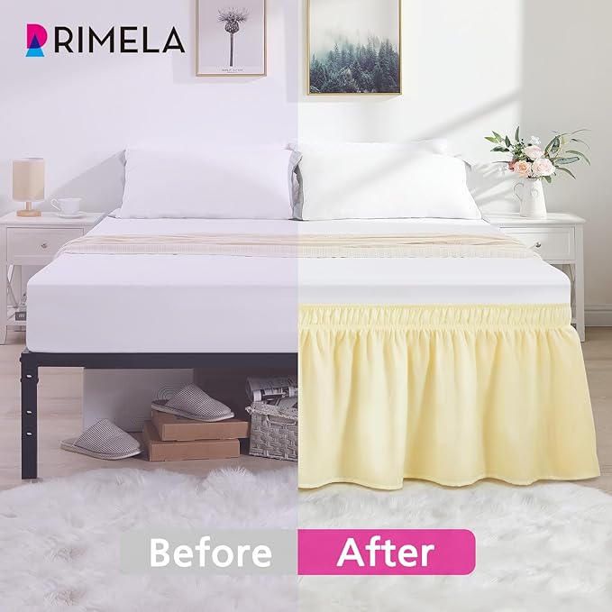 RIMELA Twin Bed Skirt Beige Yellow 12 Inch Drop,Wrap Around Elastic Bed Skirts Twin Size Dust Ruffle,Bedskirt for Adjustable Bed Base Solid Wrinkle and Fade Resistant Silky Fabric Machine Washable