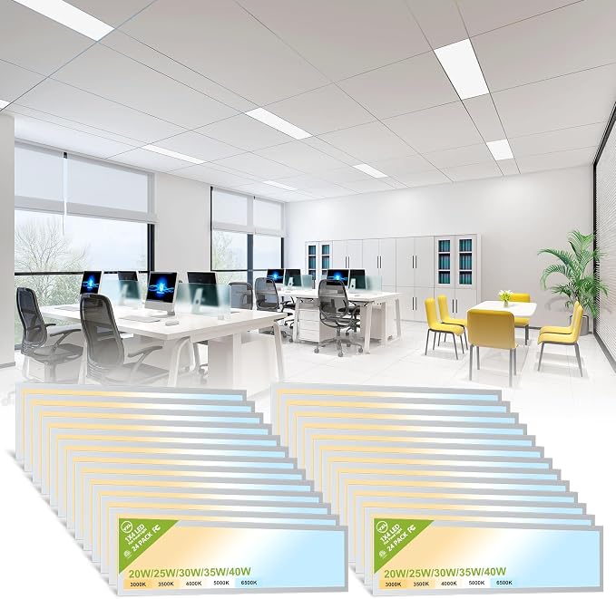 YXL 24 Pack 1x4 LED Flat Panel Light Drop Ceiling Light Fixture, 5200LM, 5CCT LED Drop Ceiling Office Light, 40W/35W/30W/25W/20W Selectable,6500K/5000K/4000K/3500K/3000K,Dimmable 0-10V,ETL