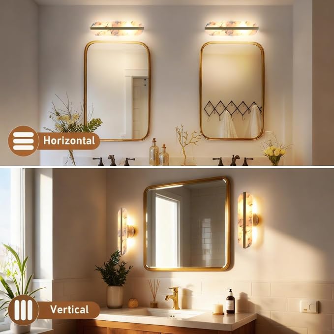 15.7" Natural Alabaster Wall Sconces Marble Wall Sconces Gold Bathroom Vanity Wall Light Fixtures Modern Oval Stone Wall Lamp for Bedroom Living Room Hallway Restaurant Stairs