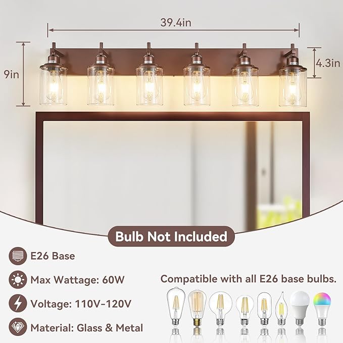 6-Light Bronze Bathroom Light Fixtures Over Mirror,Modern Bathroom Vanity Light with Clear Glass Shade, Wall Sconce for Bathroom Hallway Cabinet Bedroom Kitchen Living Room Foyer E26 Base