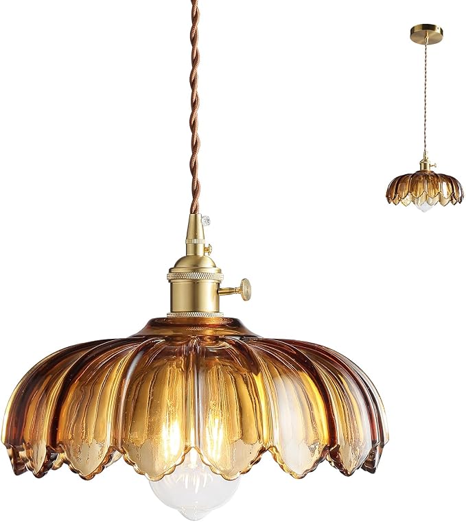 XZHGCEE Pendant Lights Kitchen Island: Amber Glass Hanging Light Fixture with Rotating Switch, E26 Base - Modern Lighting for Dining Room, Bedroom & Living Room