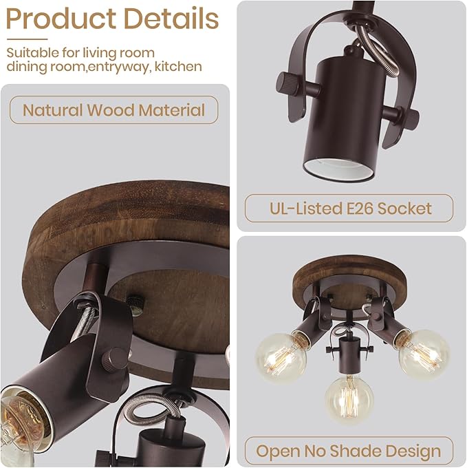 SEEBLEN 3-Light Rustic Track Lighting, Adjustable Flush Mount Ceiling Light with Espresso Wood Base, Dark Bronze Ceiling Track Light for Kitchen Island, Dining Room, Hallway, Entryway