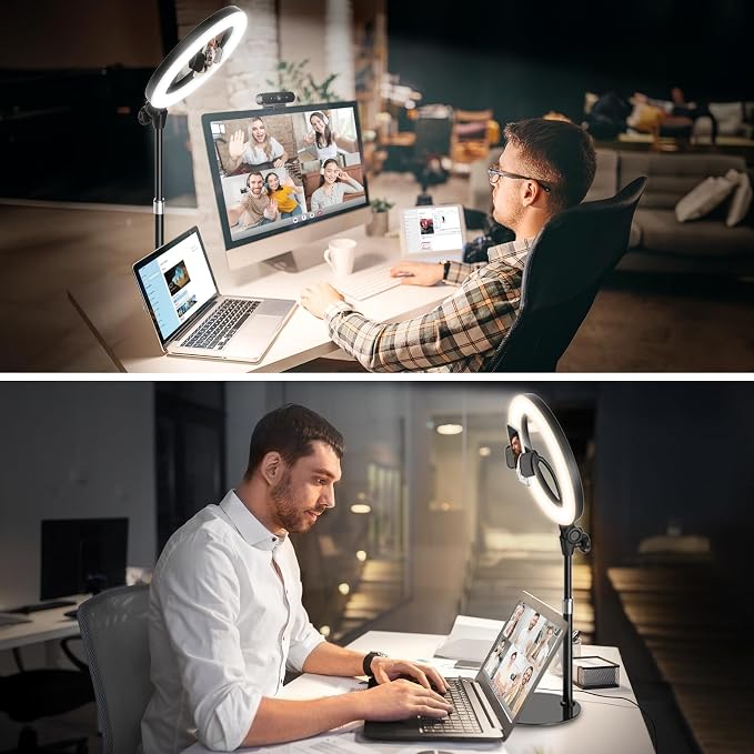 Ring Light with Stand for Streaming - Evershop 10'' Led Desk Lighting with Phone Holder for Laptop,Webcam,Computer Monitor,Circle Lights for Video Recording, Zoom Calls, Online Meetings,Selfie, Makeup