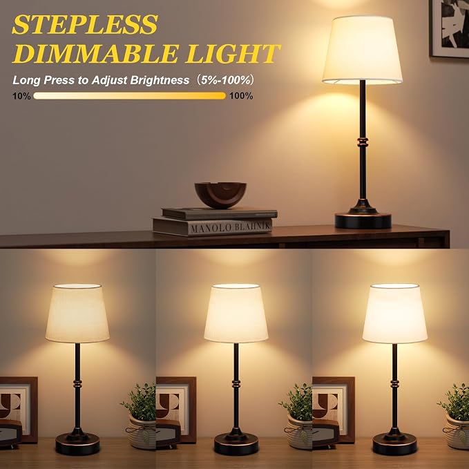 Kakanuo Rechargeable Cordless Table Lamp Antique Black - 1 Pack 4000mAh Battery Operated Lamp, 3000K Warm Light, Touch Control Stepless Dimming, for Bedside, Dining Table, Home Decor