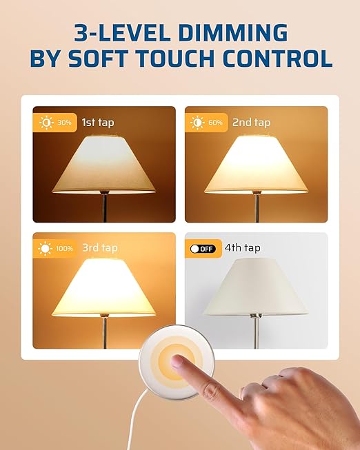 DEWENWILS 2 Pack Touch Dimmer Switch, Touch Pad Control with 3 Levels of Dimming, Dimmable LED/CFL Lights, and Incandescent Bulbs, Extension Cord, ETL Listed, White