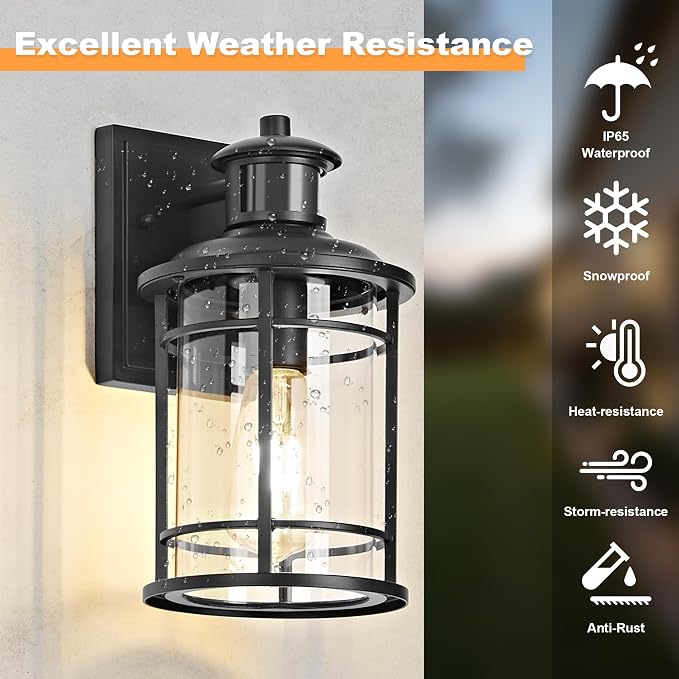 Motion Sensor Outdoor Wall Lights-Dusk to Dawn Porch Light,Black Outdoor Lights Fixture,3 Lighting Modes Waterproof Anti-Rust Outdoor Lights for House Porch Garage (2 Pack