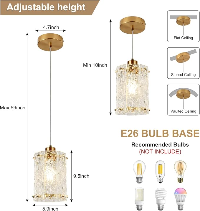 Gold Pendant Lights Kitchen Island 1 Pack Modern Water Ripple Glass Pendant Lights Mini Chandelier Adjustable Hanging Pendant Lighting for Kitchen Island Dining Room Over Sink Table Entryway