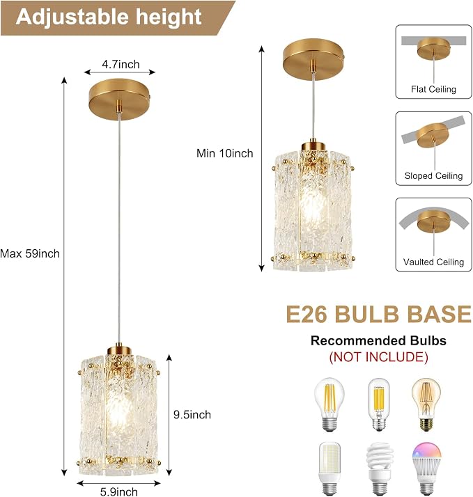 Gold Pendant Lights Kitchen Island 2 Pack Modern Water Ripple Glass Pendant Lights Mini Chandelier Adjustable Hanging Pendant Lighting for Kitchen Island Dining Room Over Sink Table Entryway
