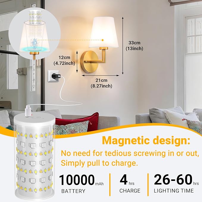 Vimhou Peel and Stick Wall Sconces, Stick On Wall Sconce Set of 2, Battery Operated Wireless Wall Light, No Drill Adhesive Wall Lamp, Corn Bulb with 10000mAh Rechargeable Battery, Bedroom Wall Decor