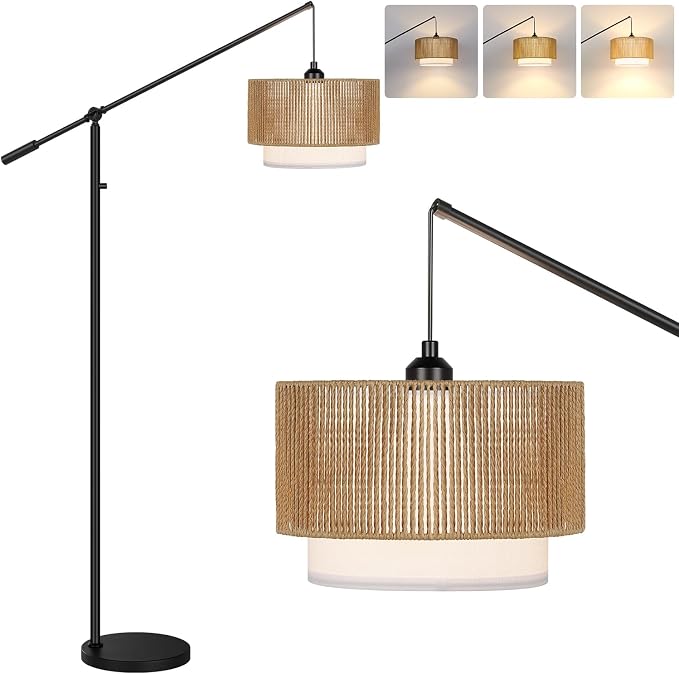 【Upgraded】Boho Dimmable Floor Lamps with Adjustable Swing Arm, 1100 Lumens Bulb Included, Modern Standing Lamp with Rattan & Fabric Shades, Farmhouse Tall Arc Floor Lamp for Living Room Bedroom, Black