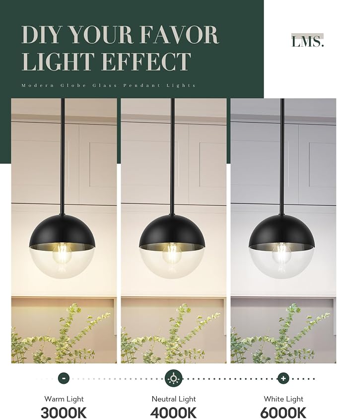 Modern Pendant Lights, Matte Black Kitchen Island Pendant Light Fixtures, Adjustable Hanging Rod Ceiling Light for Dining Room Bathroom Bedroom, LMS-186BKC