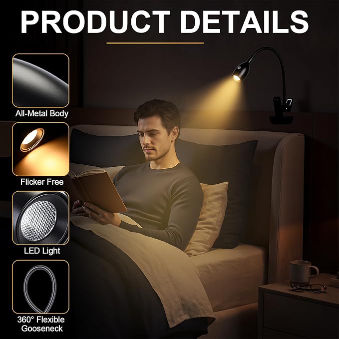 1 Pcs LED Clip on Reading Light for Bed Headboard, 3 Color Dimmable Stepless Book Light with Flexible Gooseneck Clamp Desk Lamp for Reading with USB for Bedroom, Dorms, Office, Studio (Black)