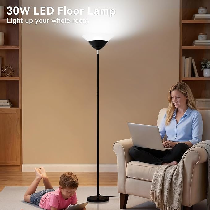 Torchiere Floor Lamp, 72 Inch 30W LED Standing Lamp, 1800LM, Stepless Dimmable, 3000K-6500K, Remote and Button Control, Modern Pole Light for Living Room Bedroom Office, Black